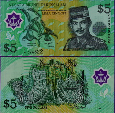 Банкнота Бруней 5 долларов 2002 полимер