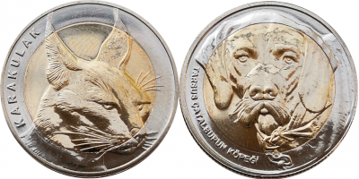 Монеты Турции 1 куруш Кошка + Собака 2021 год