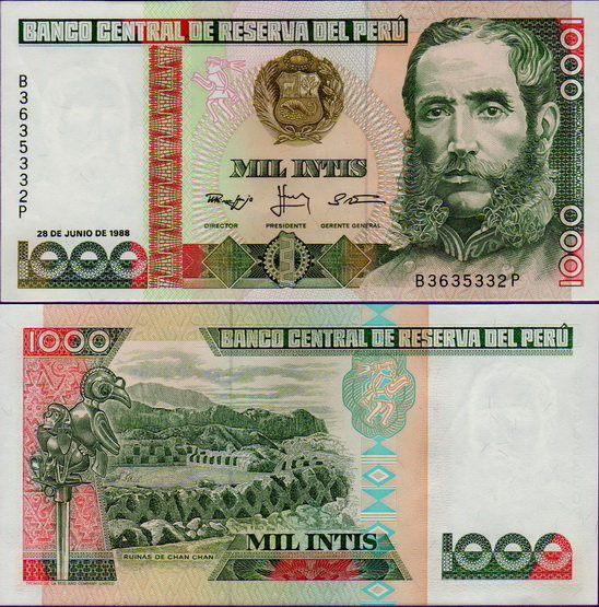 Банкнота Перу 1000 инти 1988 год