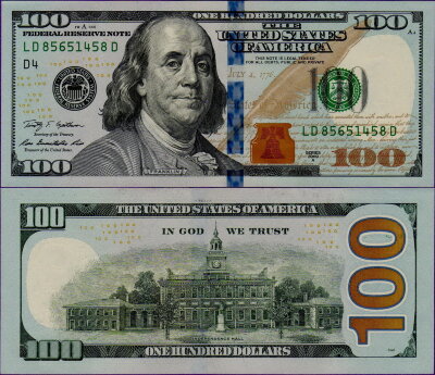 Банкнота США 100 долларов серия 2009 год UNC