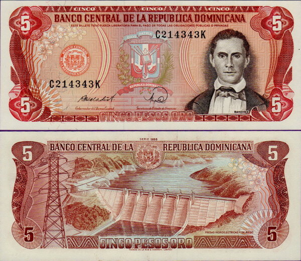 Банкнота Доминиканы 5 песо 1988 года