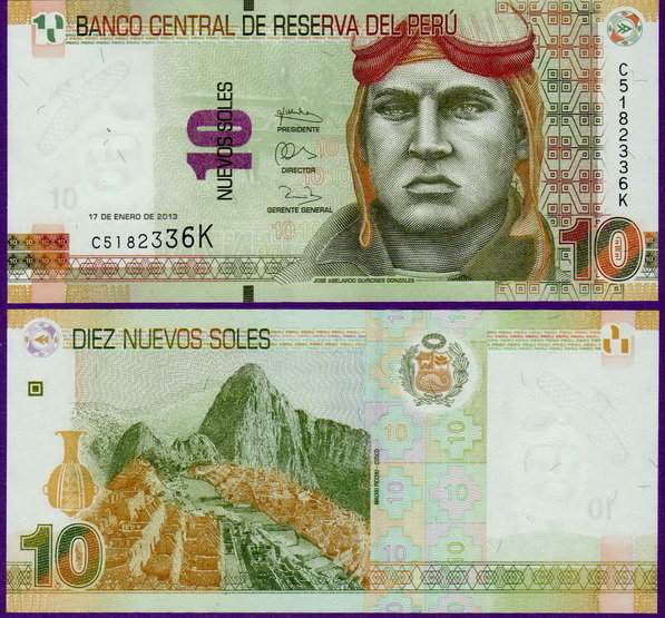 Банкнота Перу 10 новых солей 2013 г