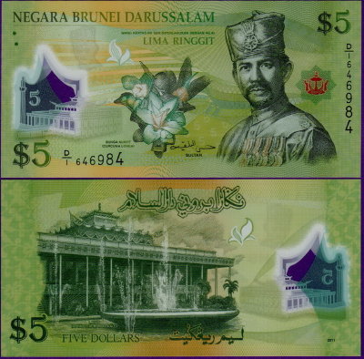 Банкнота Бруней 5 ринггит 2011 полимер