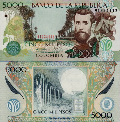 Банкнота Колумбии 5000 песо 2013 год