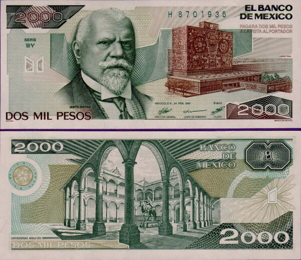 Банкнота Мексики 2000 песо 1987