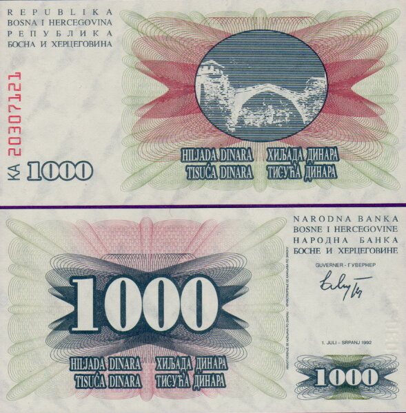 Банкнота Босния и Герцеговина 1000 динар 1992