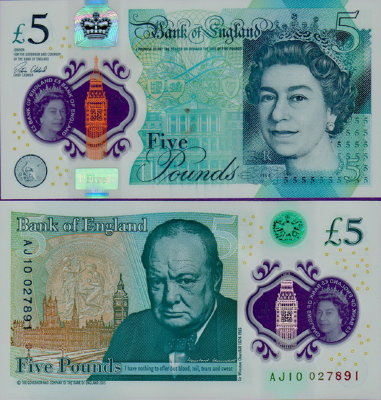 Банкнота Великобритании 5 фунтов 2018 год пластик