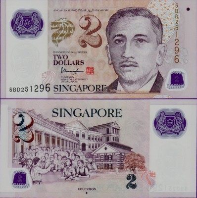 Банкнота Сингапура 2 доллара 2013 полимер