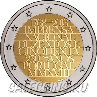 Монета Португалии 2 евро 2018 250-летие Imprensa Nacional («Официальная типография»)