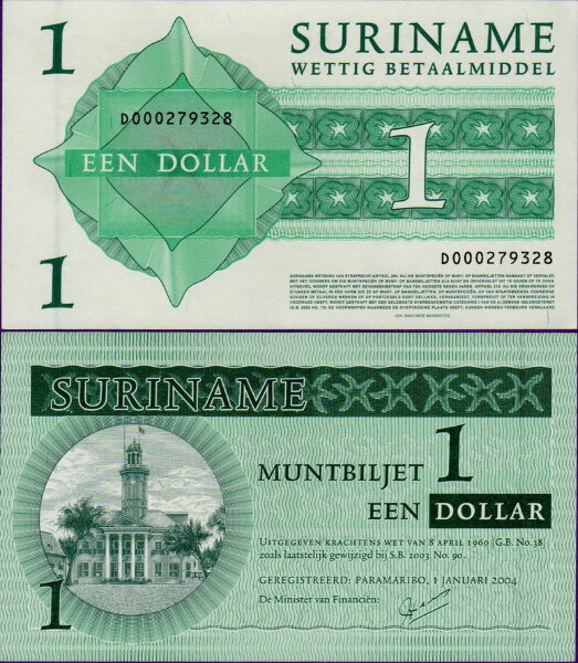 Банкнота Суринам 1 доллар 2004 года
