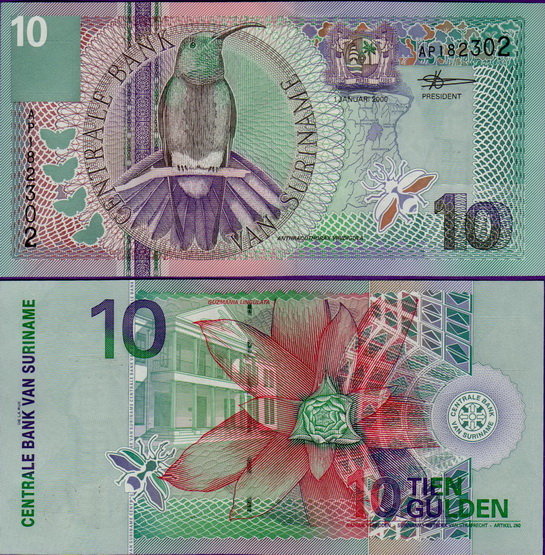Банкнота Суринам 10 гульденов 2000 г