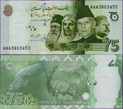 Банкнота Пакистана 75 рупий Юбилейна 2022