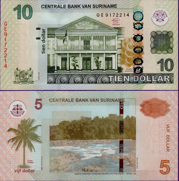 Банкнота Суринам 10 долларов 2012