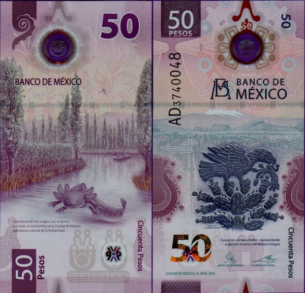 Банкнота Мексики 50 песо 2021 полимер