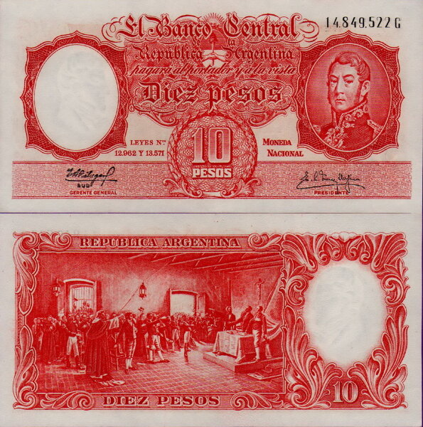 Банкнота Аргентины 10 песо 1962