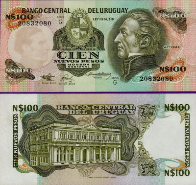 Банкнота Уругвая 100 песо 1987