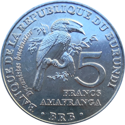 Монета Бурунди 5 франков 2014 год Калао