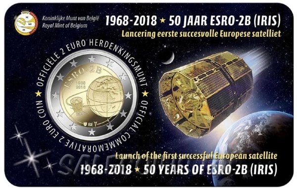 Монета Бельгии 2 евро 2018 год 50-летие запуска первого европейского спутника ESRO 2B