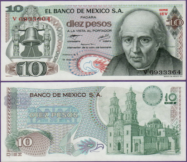 Банкнота Мексики 10 песо 1977 год