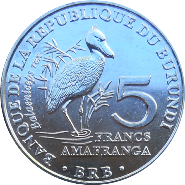 Монета Бурунди 5 франков 2014 г Цапля
