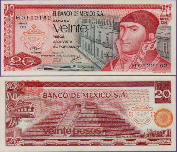 Банкнота Мексики 20 песо 1977 г