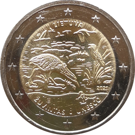 Монета Литвы 2 евро Биосферный заповедник Жувинтас 2021 год