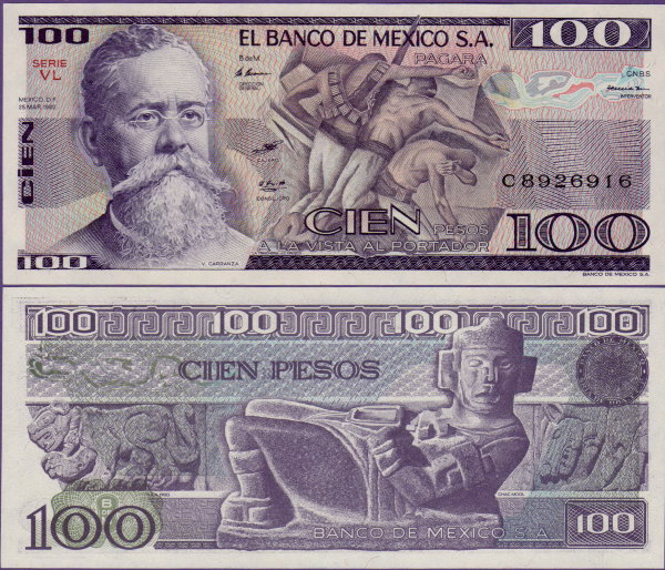 Банкнота Мексики 100 песо 1982 г