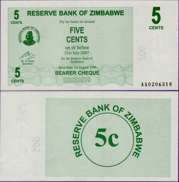 Банкнота Зимбабве 5 центов 2006 года