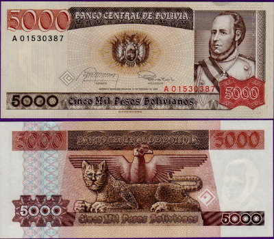 Банкнота Боливии 5000 песо 1984