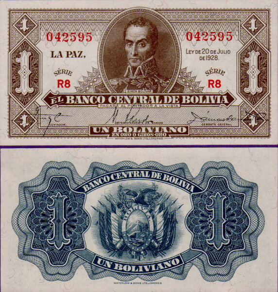 Банкнота Боливии 1 боливиано 1928 года