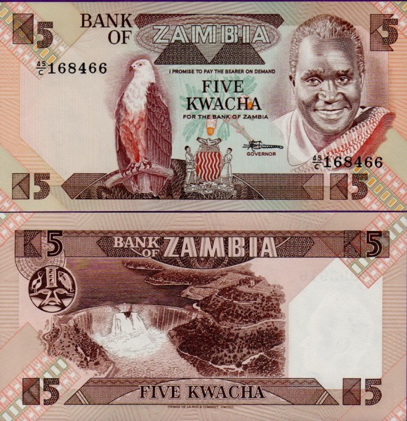 Банкнота Замбии 5 квача 1980-1988 гг