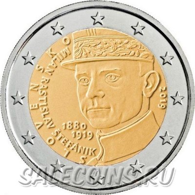 Монета Словакии 2 евро 2019 год 100-лет со дня смерти Милана Ростислава Штефаника