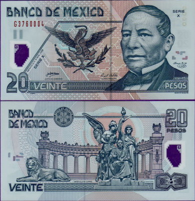 Банкнота Мексики 20 песо 2005 г полимер