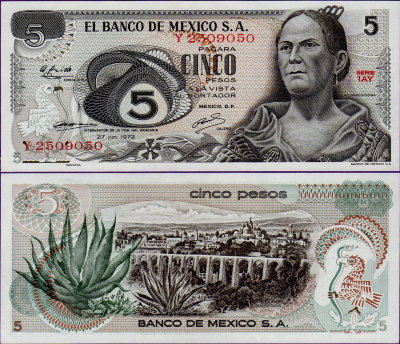 Банкнота Мексики 5 песо 1972 год