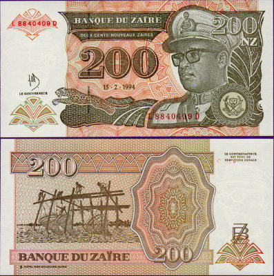Банкнота Заира 200 новых заиров 1994 год