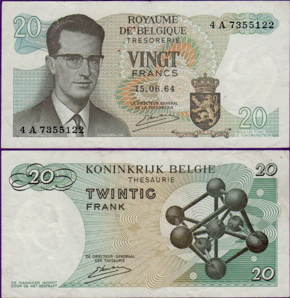 Банкнота Бельгии 20 франков 1964 г