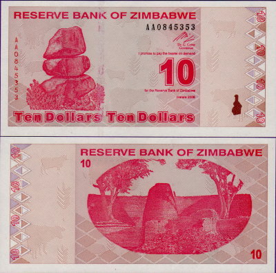 Банкнота Зимбабве 10 долларов 2009 года