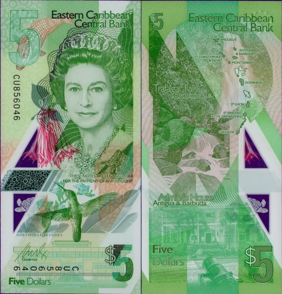 Банкнота Восточно-Карибских стран 5 долларов 2021 полимер 