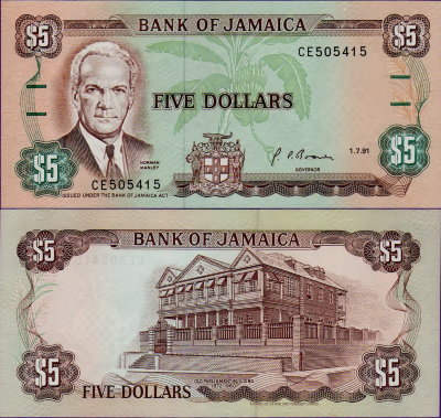 Банкнота Ямайки 5 долларов 1991 год