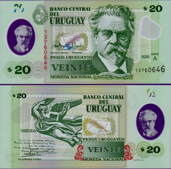 Банкнота Уругвая 20 песо 2020 года ПОЛИМЕР