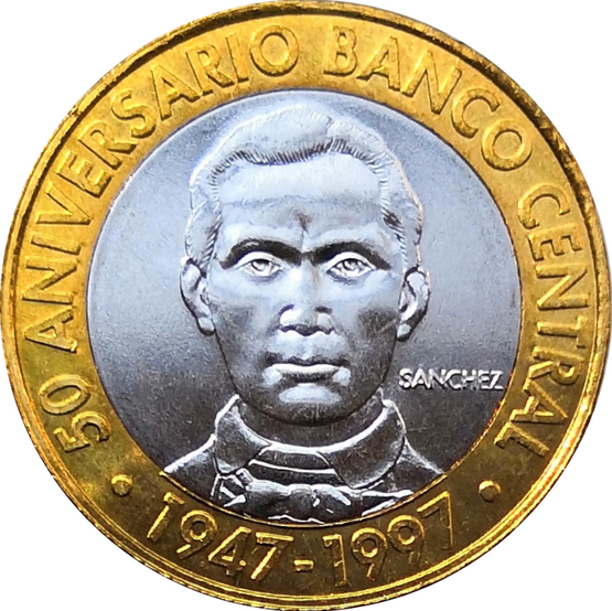 Монета Доминиканы 5 песо 1997