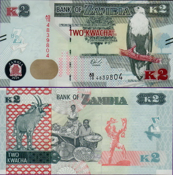 Банкнота Замбии 2 квача 2018 год