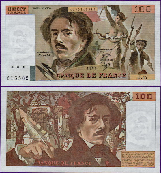 Банкнота Франции 100 франков 1985 года