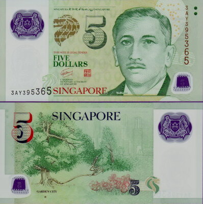 Банкнота Сингапура 5 долларов 2007 год полимер