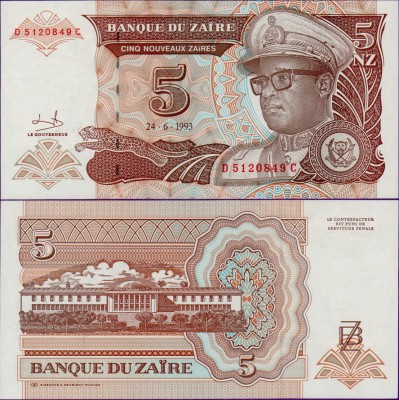 Банкнота Заира 5 новых заир 1993 год