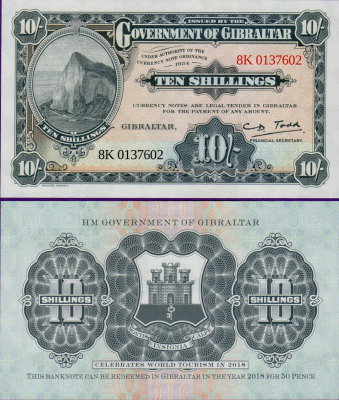 Банкнота Гибралтара 10 шиллингов 2018 год