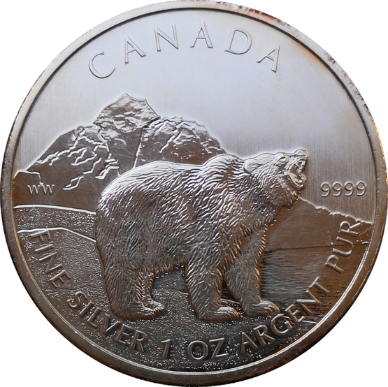 Монета Канады 5 долларов Медведь 2011 год Серебро