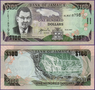 Банкнота Ямайки 100 долларов 2007 г