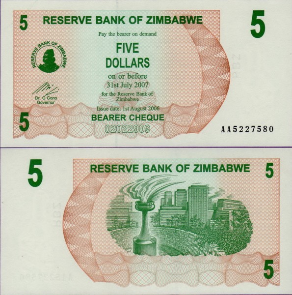 Банкнота Зимбабве 5 долларов 2006 год