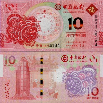 Банкнота Макао 10 патак 2022 банк Китая год Тигра